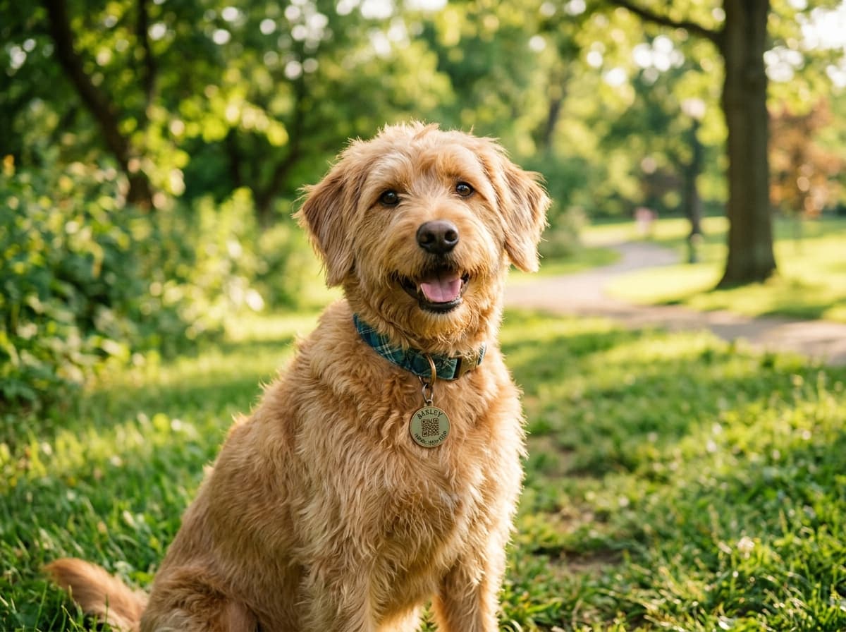 Perrito alegre con chapita QR en su collar